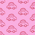 Seamless pattern with red cars on pink board. Cartoon background for Kids