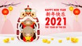 Happy Chinese new year 2021 greeting card. group of Little cow holding Chinese gold and lion dance, year of the ox zodiac Cartoon Royalty Free Stock Photo