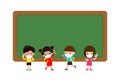 Back to school for new normal lifestyle concept, Multicultural pupils with medical masks face standing near blackboard cartoon