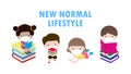 Back to school for new normal lifestyle concept, Social Distancing, cute kids reading book and wearing face mask for prevent