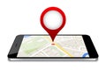 Map GPS navigation, Smartphone map application and red pinpoint on screen, Royalty Free Stock Photo