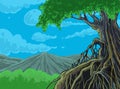 Scenery illustration, the big tree and the hills