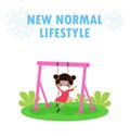 New normal lifestyle concept. happy kids wearing face mask having fun on swing at playground protect coronavirus covid-19, child Royalty Free Stock Photo