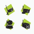 Silhouette Wireless CCTV icon set with antenna - tube, cube, and round shaped CCTV - colored icon, symbol, cartoon logo for securi Royalty Free Stock Photo