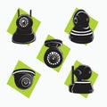 Silhouette set indoor CCTV and Wireless CCTV icon - round shaped CCTV - black icon, symbol, cartoon logo for security system