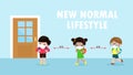 Back to school for new normal lifestyle banner concept. happy kids wearing face mask and social distancing protect coronavirus Royalty Free Stock Photo