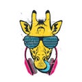 Giraffe with tongue in glasses and headphones. Colored print for t-shirt and another, trendy apparel design