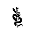 Snake and Dagger, Serpent wraps around a sword vector vintage tattoo, Roman god Mercury, luck and trickery, allegorical logo or em