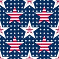 Abstract seamless vector pattern with small white five pointed stars and big stars with red stripes. Royalty Free Stock Photo