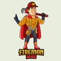 Fireman Superhero Carrying Wrench and Showing Thumb Up