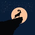 Big horn goat silhouette at the full moon night - goat, sheep, lamb logo emblem or button icon silhouette - mammal, animal vector