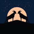 Twins billy goat silhouette at the full moon night - goat, sheep, lamb logo emblem or button icon silhouette Royalty Free Stock Photo