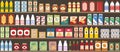 Supermarkets shelves with products and drinks. Seamless pattern.