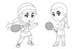 Collection of Cartoon Girl Playing Tennis Ball Used for Coloring Book Royalty Free Stock Photo