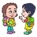 Cartoon Little girl with backpack talking with her friend