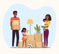 Afro American man  and girl hold boxes and dog. Moving.  Woman holding baby. Royalty Free Stock Photo