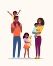 Mother and father with children and dog. Happy afro American family isolated. Royalty Free Stock Photo