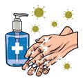 Hand Sanitizer, Washing Hands Soap to Prevent Coronavirus COVID-19 Virus Spread Vector Illustration Royalty Free Stock Photo