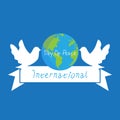 Two doves in white carrying a slogan that reads `International Peace Day `. With dark blue background.