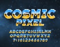 Cosmic Pixel alphabet font. Chrome effect letters and numbers.