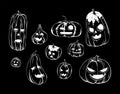 Set of 10 carved pumpkins for halloween, Cartoon Jack o-lantern Royalty Free Stock Photo