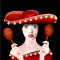 Realistic portrait of beautiful Mexican woman in sombrero and with maracas.