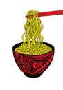 Doodle noodle at bowl and chopsticks. hand drawing, vector illustration Royalty Free Stock Photo