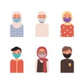 Set of muslim character avatars wearing medical mask to prevent corona virus spread. Royalty Free Stock Photo