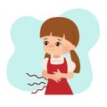 A girl feeling hungry or stomachache. Stomach problem, pain, sickness. Royalty Free Stock Photo