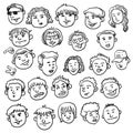 Faces cartoon collection with black and white hand drawing art. Royalty Free Stock Photo