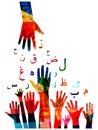 Colorful human hands with Arabic Islamic calligraphy symbols vector illustration. Education concept with Arabic alphabet text desi Royalty Free Stock Photo