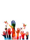 Colorful human hands raised isolated vector illustration. Charity and help, volunteerism, social care and community support concep