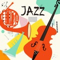 Jazz music festival poster with trumpet, french horn and violoncello flat vector illustration. Colorful music background with musi