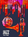 Jazz music festival poster with piano keyboard, french horn and trumpet vector illustration. Music background with music instrumen Royalty Free Stock Photo
