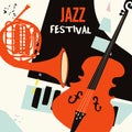 Jazz music festival poster with piano, french horn and violoncello flat vector illustration. Music background with music instrumen Royalty Free Stock Photo
