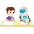 Boy student smarter in school than a robot