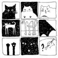 Vector set of nine hand drawn illustrations of cats in different positions.