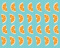 Orange fruit on blue background, vector illustration. Fruit pattern of sliced orange. Wall paper design, healthy organic art Royalty Free Stock Photo