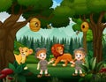 Safari boy and girl in the forest with lions Royalty Free Stock Photo