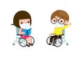 Back to school for new normal lifestyle concept, happy disabled little boy and girl in wheelchair wearing face mask protect corona