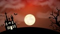 Happy Halloween holiday background. Spooky graveyard and haunted house at night . Horror moon, bats and graves.Vector illustration Royalty Free Stock Photo