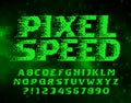 Pixel Speed alphabet font. Wind effect letters and numbers. Abstract pixel background. Royalty Free Stock Photo