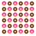 Donut seamless pattern. Pink and chocolate donut with different topping on white background