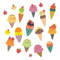 Set of hand drawn vector ice cream cone with cute pastel color. simple fruit collection illustration for sticker, label Royalty Free Stock Photo