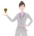 Business woman with a puzzle bulb showing a great idea or concept