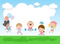 Back to school Happy children jumping and dancing on the park, kids activities, children playing in playground at school, Template Royalty Free Stock Photo