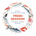 Eafood banner. Vector illustration in cartoon flat style. Various fish and marine animals. Round frame Royalty Free Stock Photo