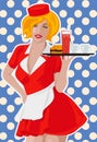 Waitress with plate on roller skates. Red dress. Diner waitress. Vector image