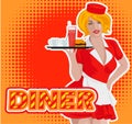 Waitress with plate on roller skates. Red dress. Diner waitress. Vector image