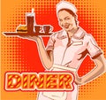 Waitress with plate on roller skates. Red dress. Diner waitress. Vector image